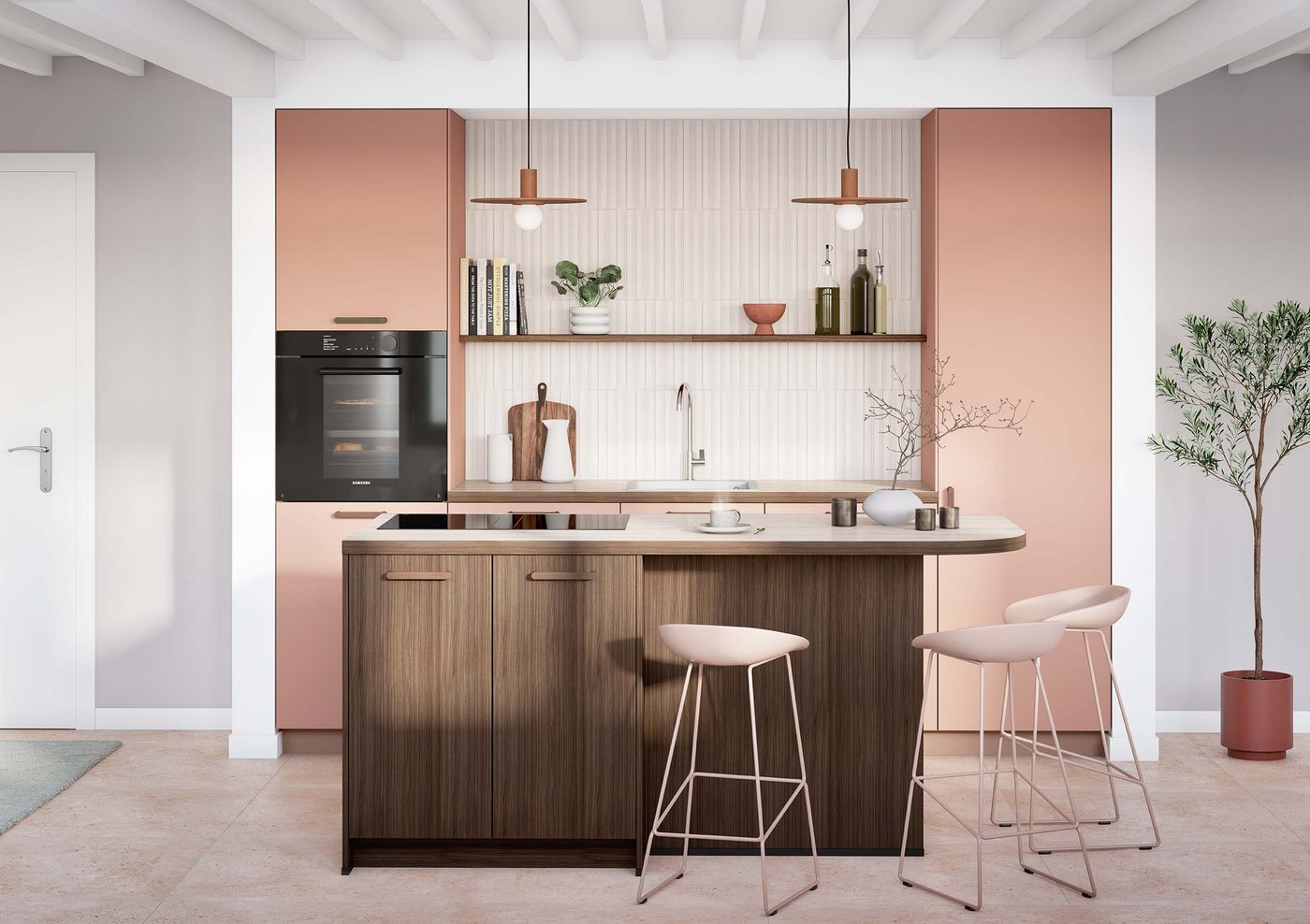 Cuisine Design rose corail avec Îlot Central en bois Cuisine Design rose corail avec Îlot Central en bois