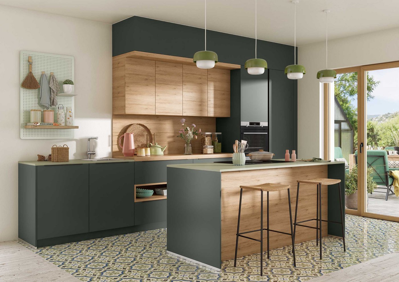 Cuisine Scandi-Moderne vert minéral et Bois avec Carrelage à Motifs Cuisine Scandi-Moderne vert minéral et Bois avec Carrelage à Motifs