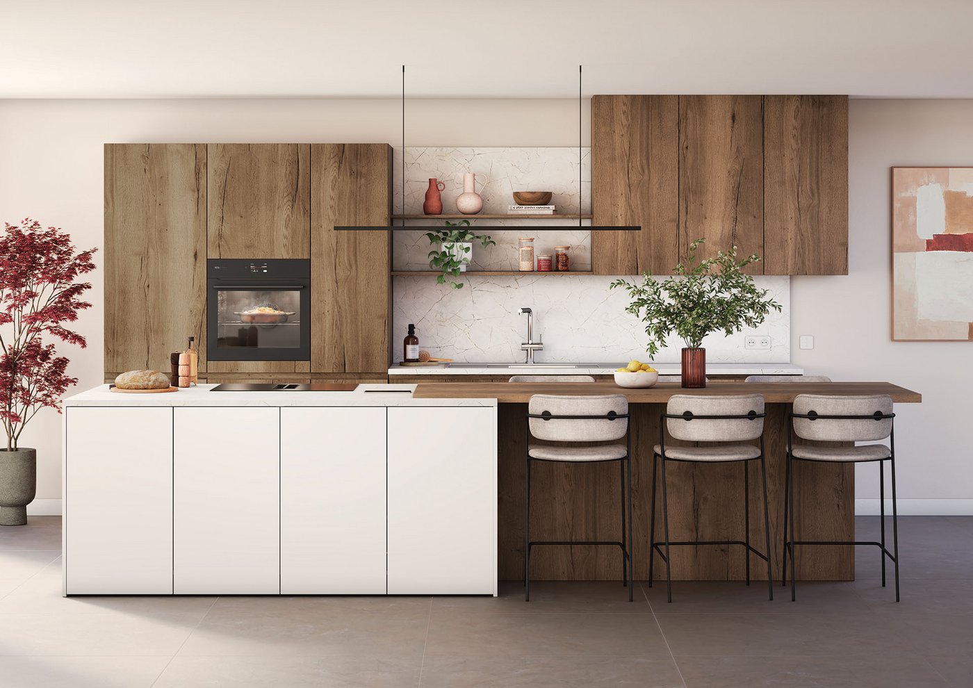 Cuisine contemporaine aux façades en bois de chêne foncé, îlot bicolore blanc et bois, et crédence en marbre clair pour une touche de luxe discret